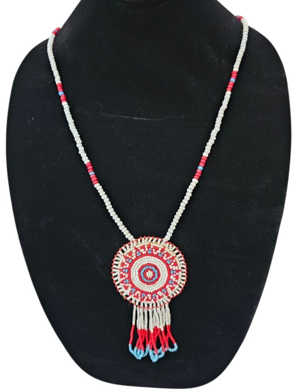 Vintage Handmade Seed Bead Medallion Necklace Red White Blue Beaded Southwest